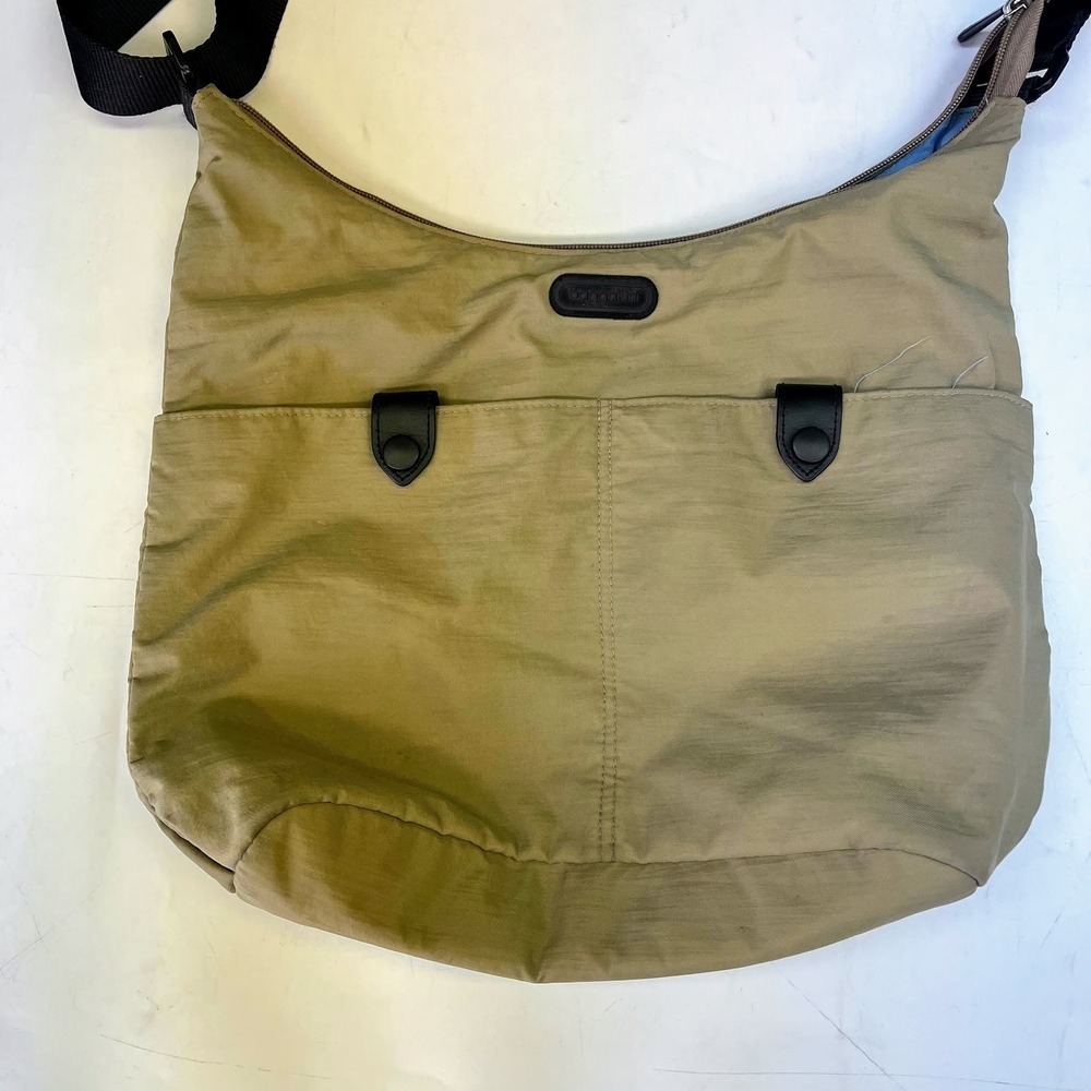 Baggallini Khaki Nylon Crossbody Hobo Bag Adjustable Strap Tan Blue Lining - Picture 3 of 14